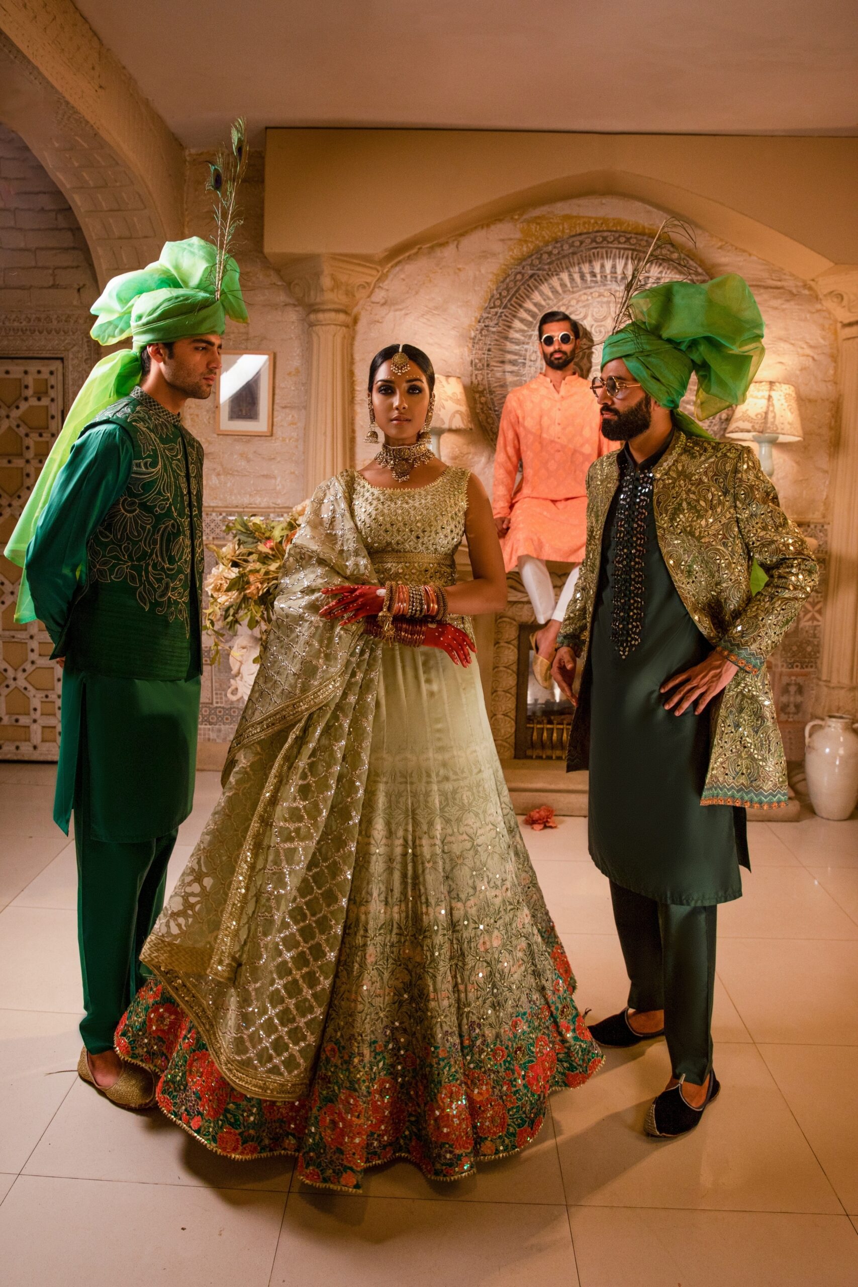 Pakistani Emerald Green Embroidered Georgette Bridal Lehenga (3-Piece) - Image 3