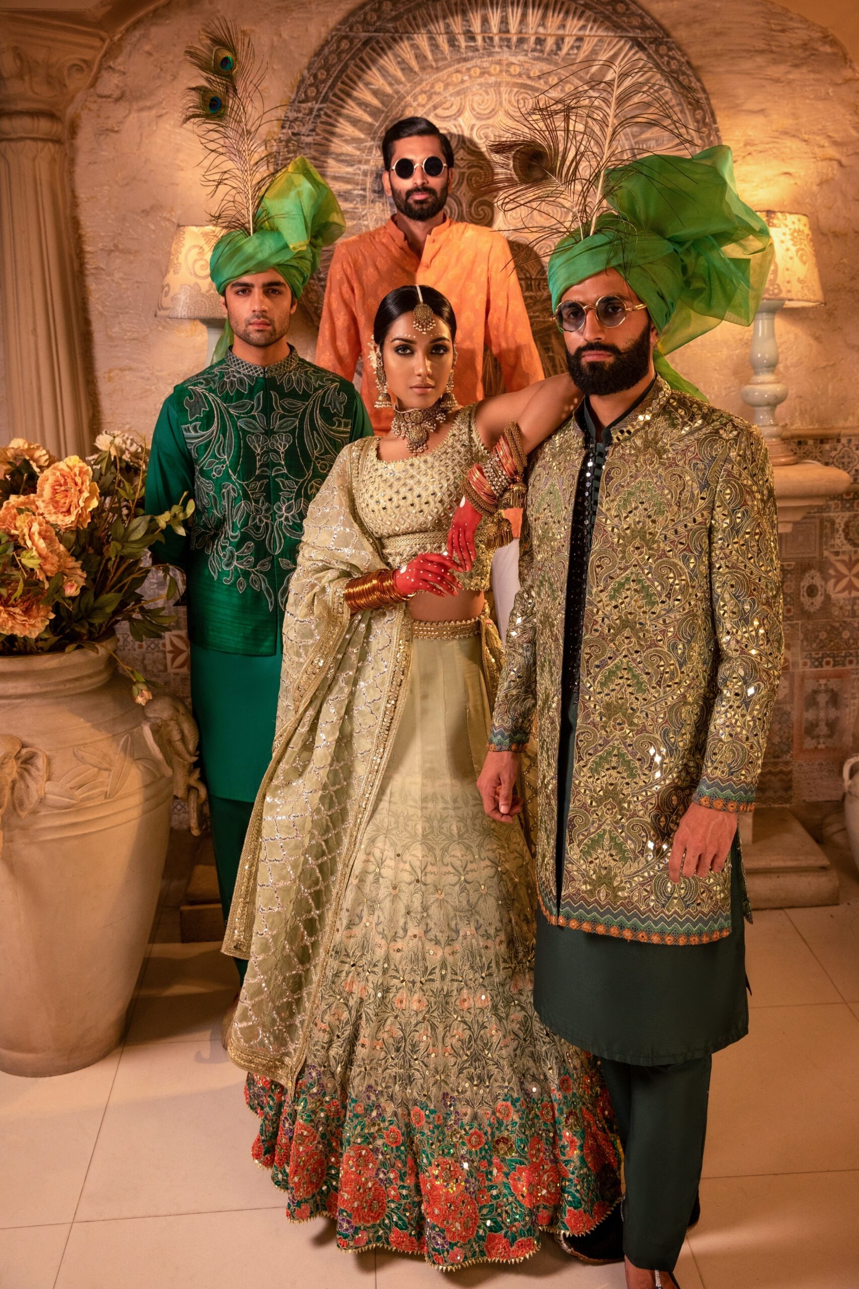 Pakistani Emerald Green Embroidered Georgette Bridal Lehenga (3-Piece) - Image 4