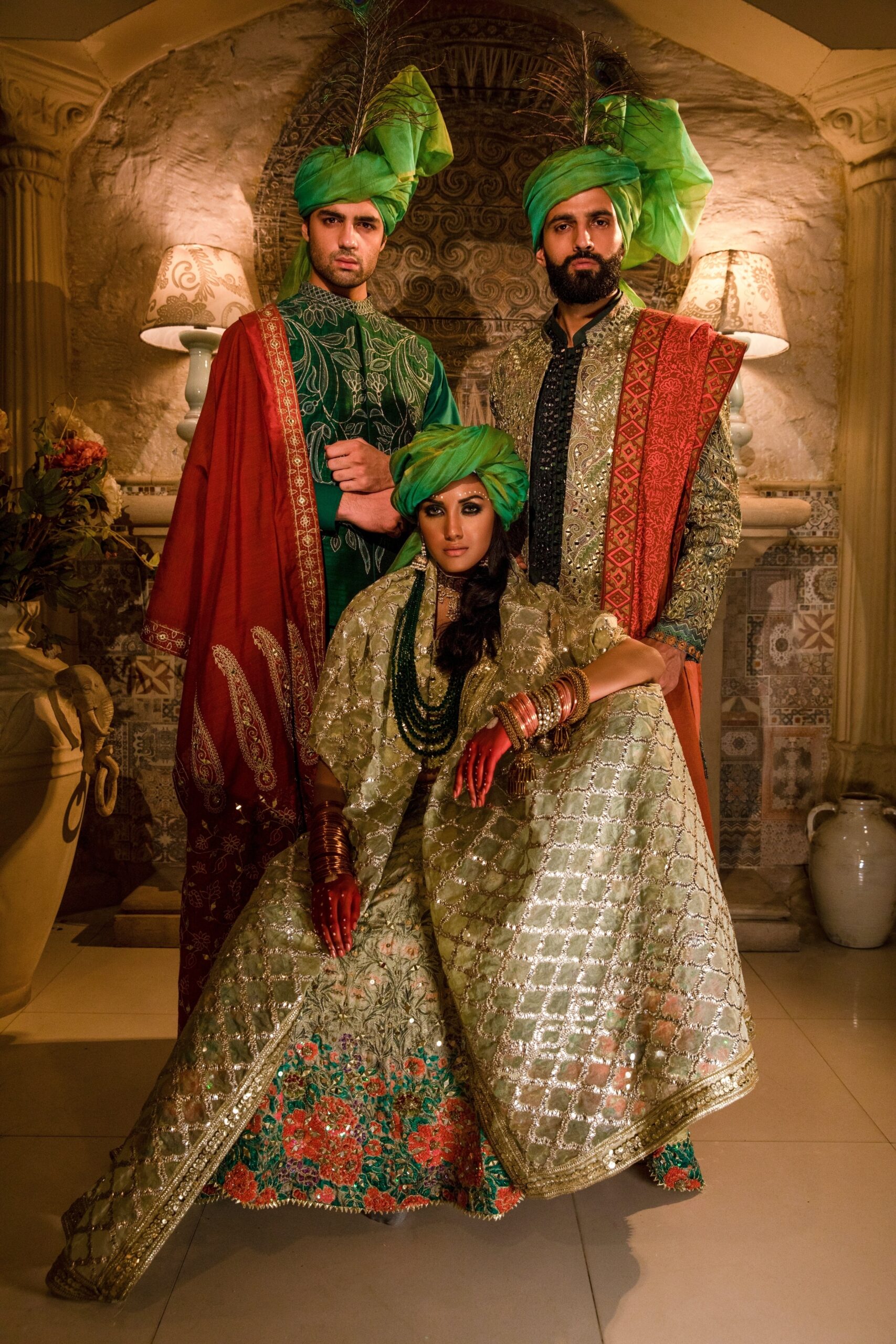 Pakistani Emerald Green Embroidered Georgette Bridal Lehenga (3-Piece) - Image 5