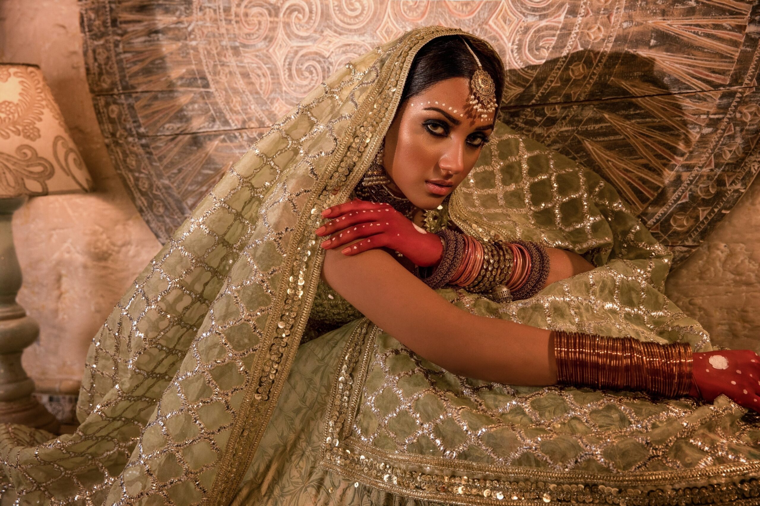 Pakistani Emerald Green Embroidered Georgette Bridal Lehenga (3-Piece) - Image 7