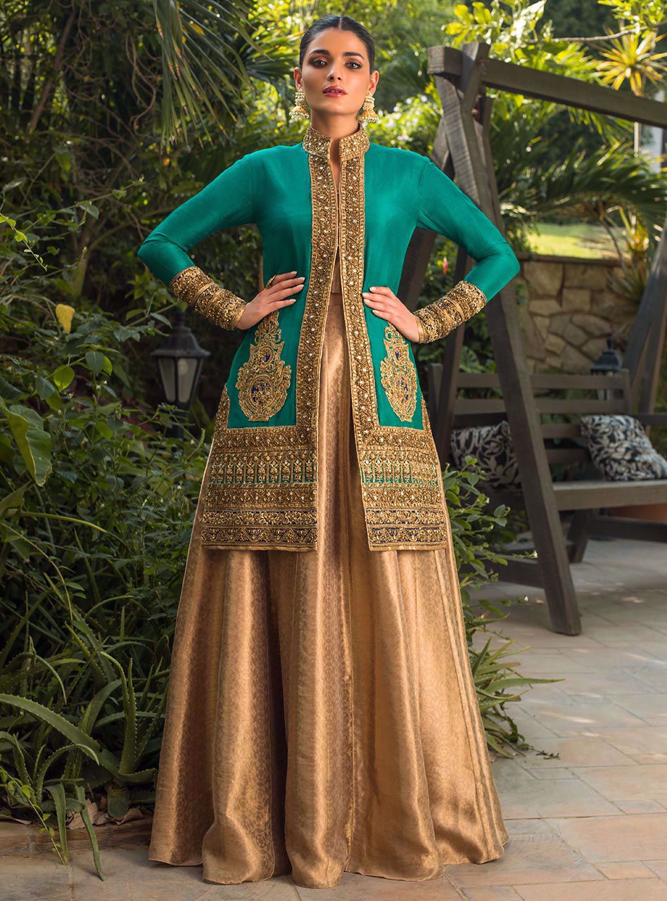 Pakistani Emerald Green Zardozi Raw Silk Jacket & Gold Lehenga (2-Piece) - Image 1