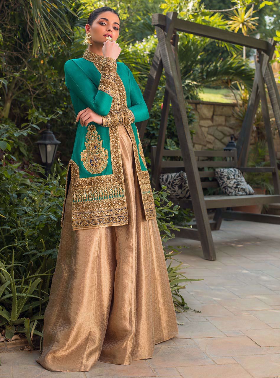 Pakistani Emerald Green Zardozi Raw Silk Jacket & Gold Lehenga (2-Piece) - Image 2