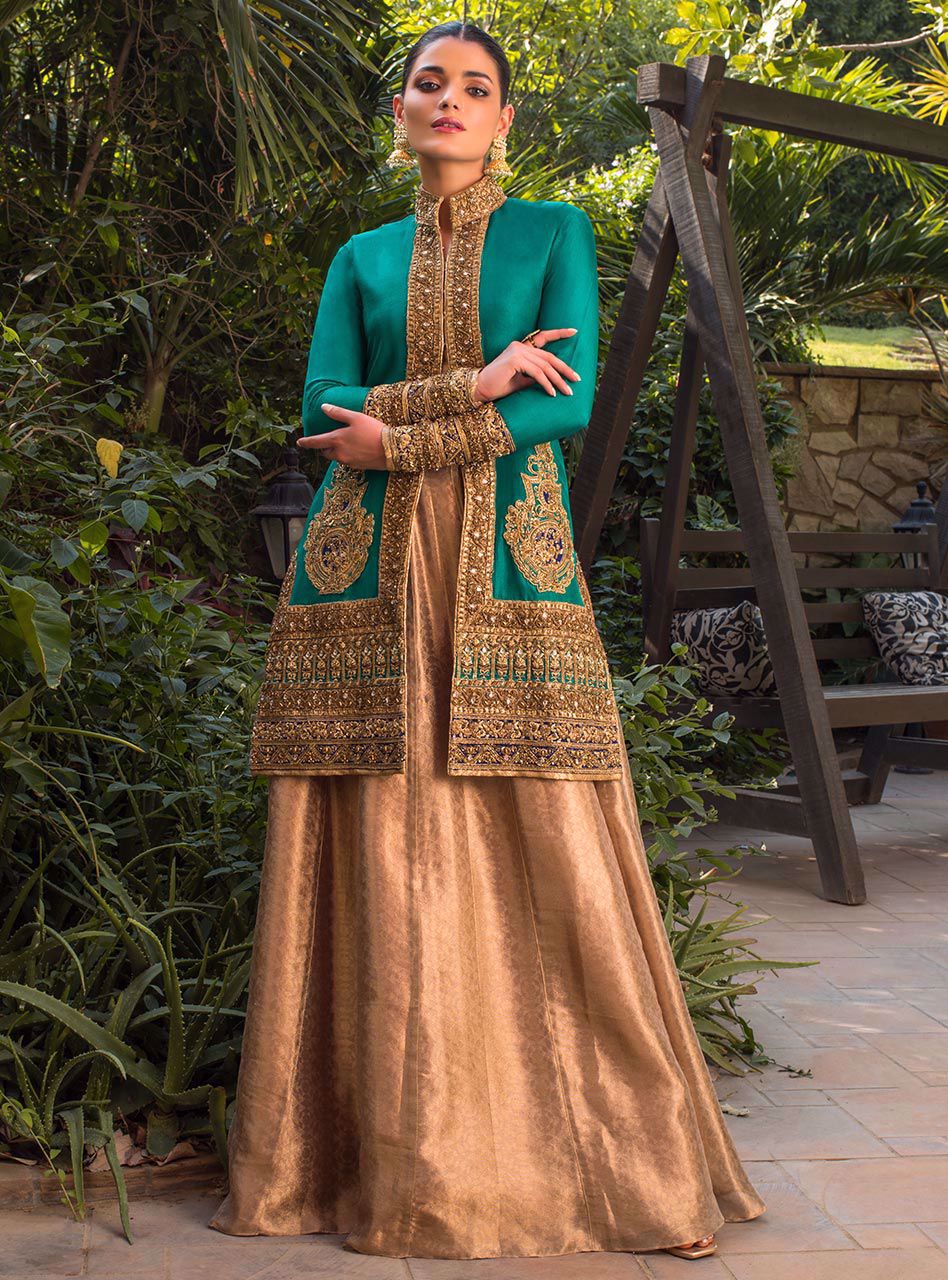 Pakistani Emerald Green Zardozi Raw Silk Jacket & Gold Lehenga (2-Piece) - Image 3