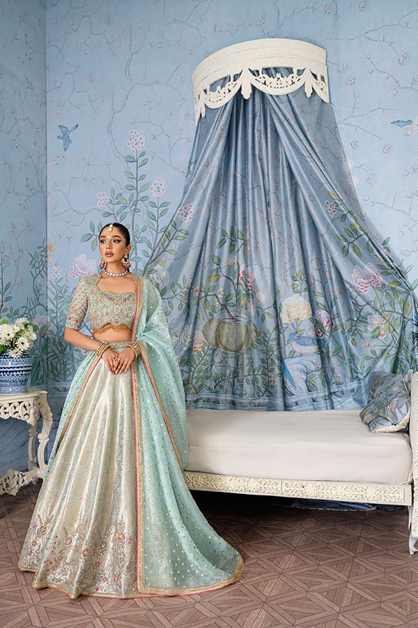 Pakistani Mint Ivory Embroidered Jamavar Lehenga Choli (3-Piece) - Image 1