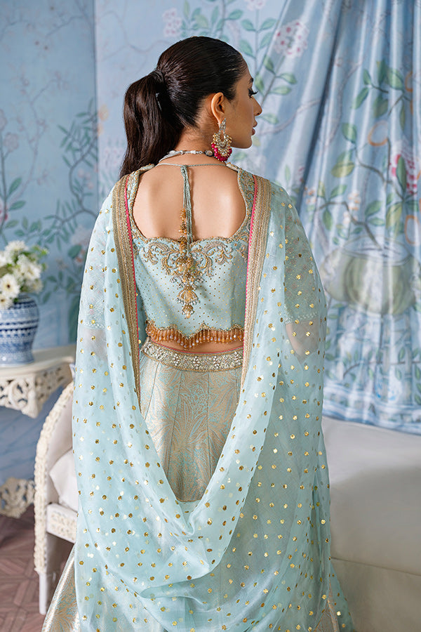 Pakistani Mint Ivory Embroidered Jamavar Lehenga Choli (3-Piece) - Image 5