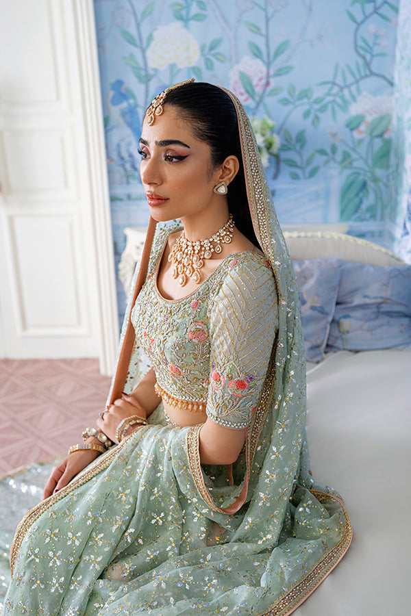 Pakistani Mint Ivory Embroidered Jamavar Lehenga Choli (3-Piece) - Image 7