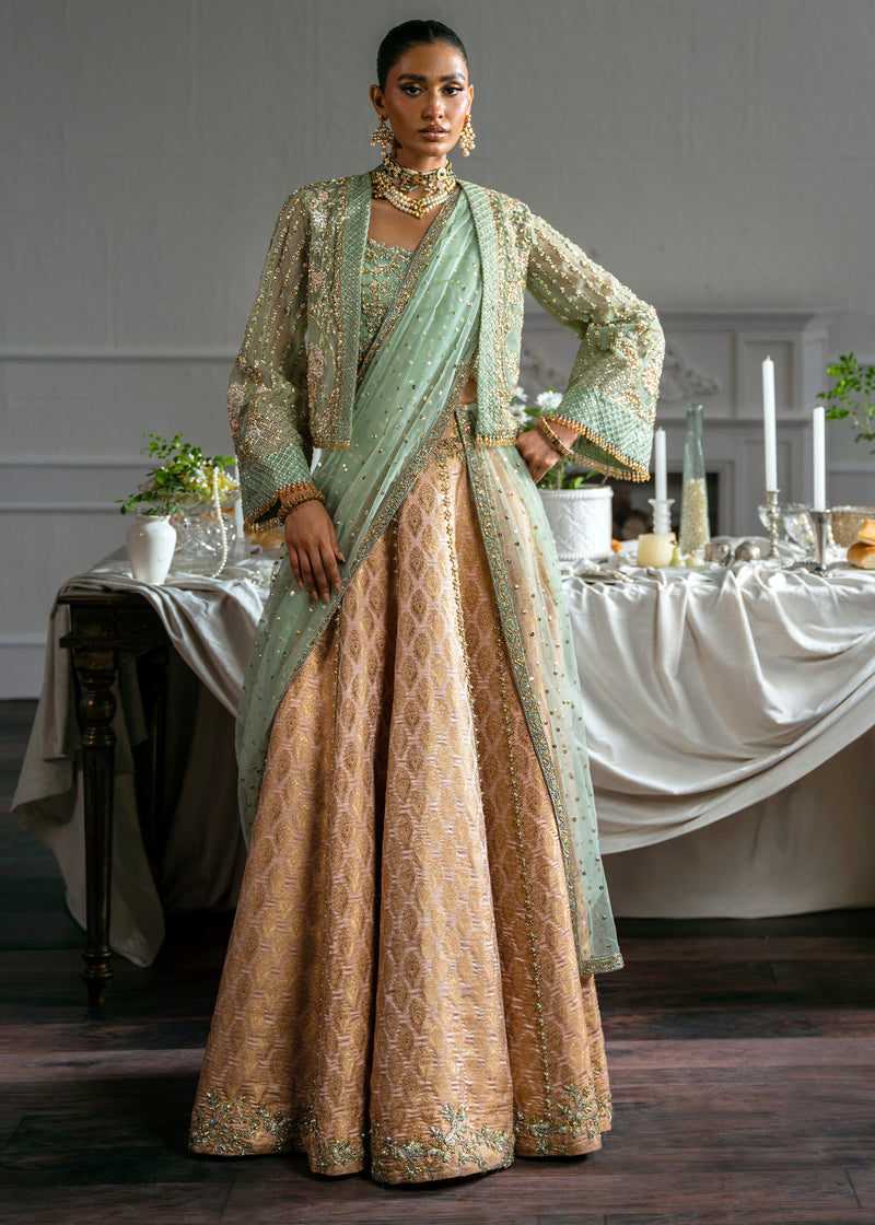 Mint Green Embroidered Net Jacket with Jamawar Lehenga (4-Piece) - Image 1