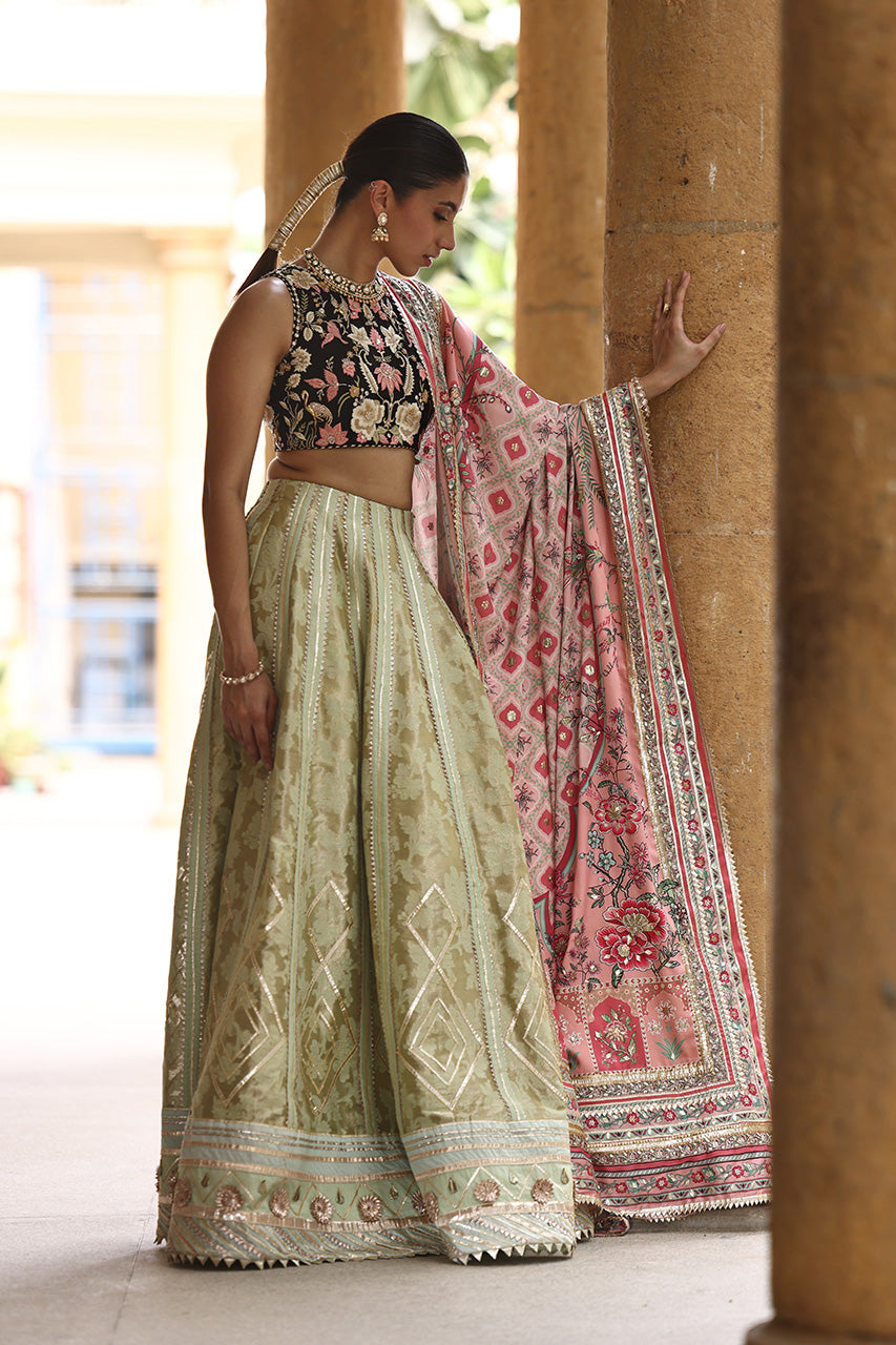 Pakistani Black Embroidered Raw Silk Choli with Mint Jamawar Lehenga (3-Piece) - Image 1