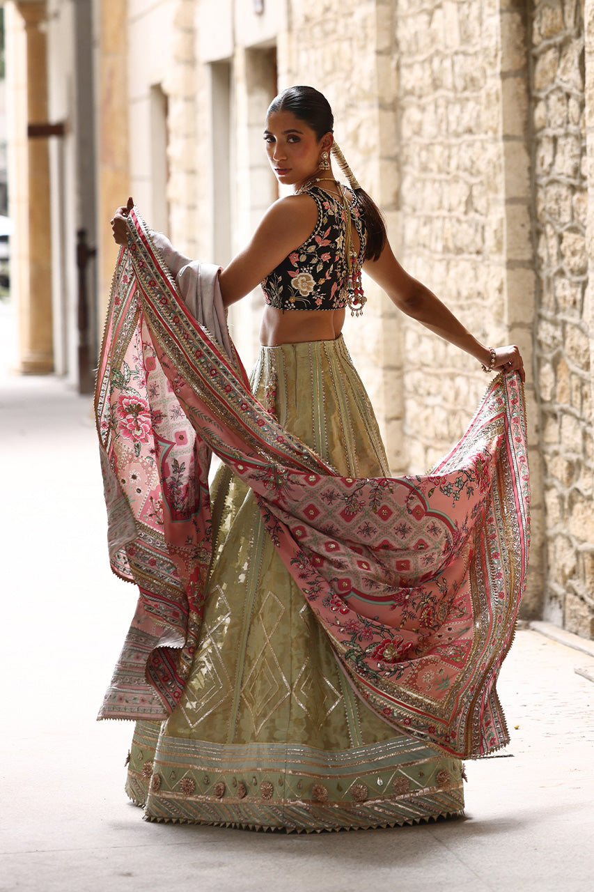 Pakistani Black Embroidered Raw Silk Choli with Mint Jamawar Lehenga (3-Piece) - Image 2