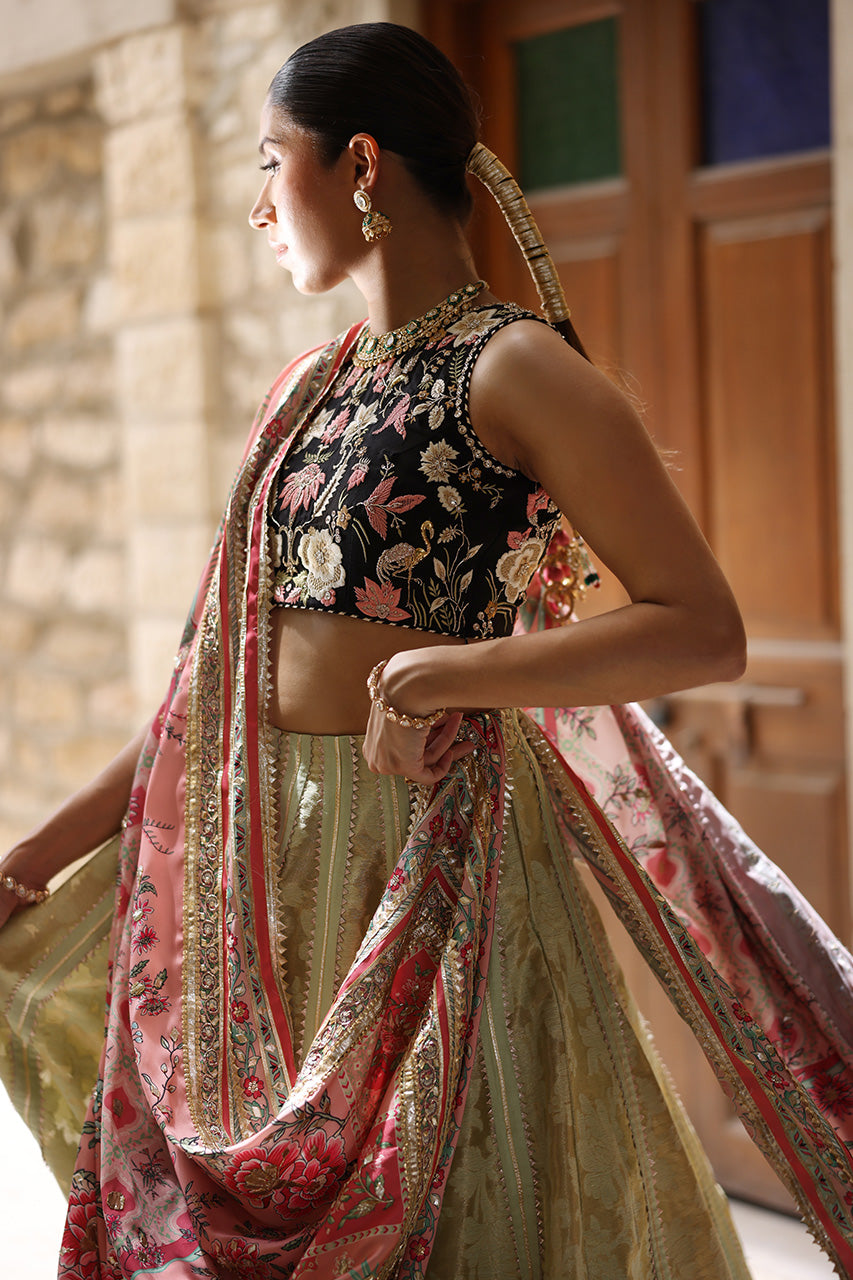 Pakistani Black Embroidered Raw Silk Choli with Mint Jamawar Lehenga (3-Piece) - Image 3