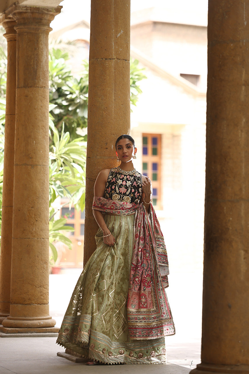 Pakistani Black Embroidered Raw Silk Choli with Mint Jamawar Lehenga (3-Piece) - Image 4