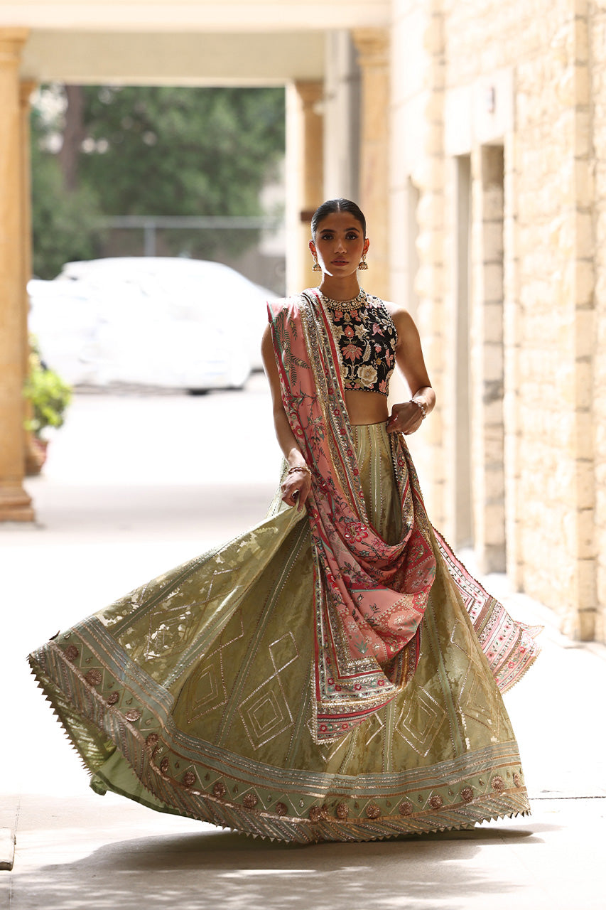 Pakistani Black Embroidered Raw Silk Choli with Mint Jamawar Lehenga (3-Piece) - Image 5