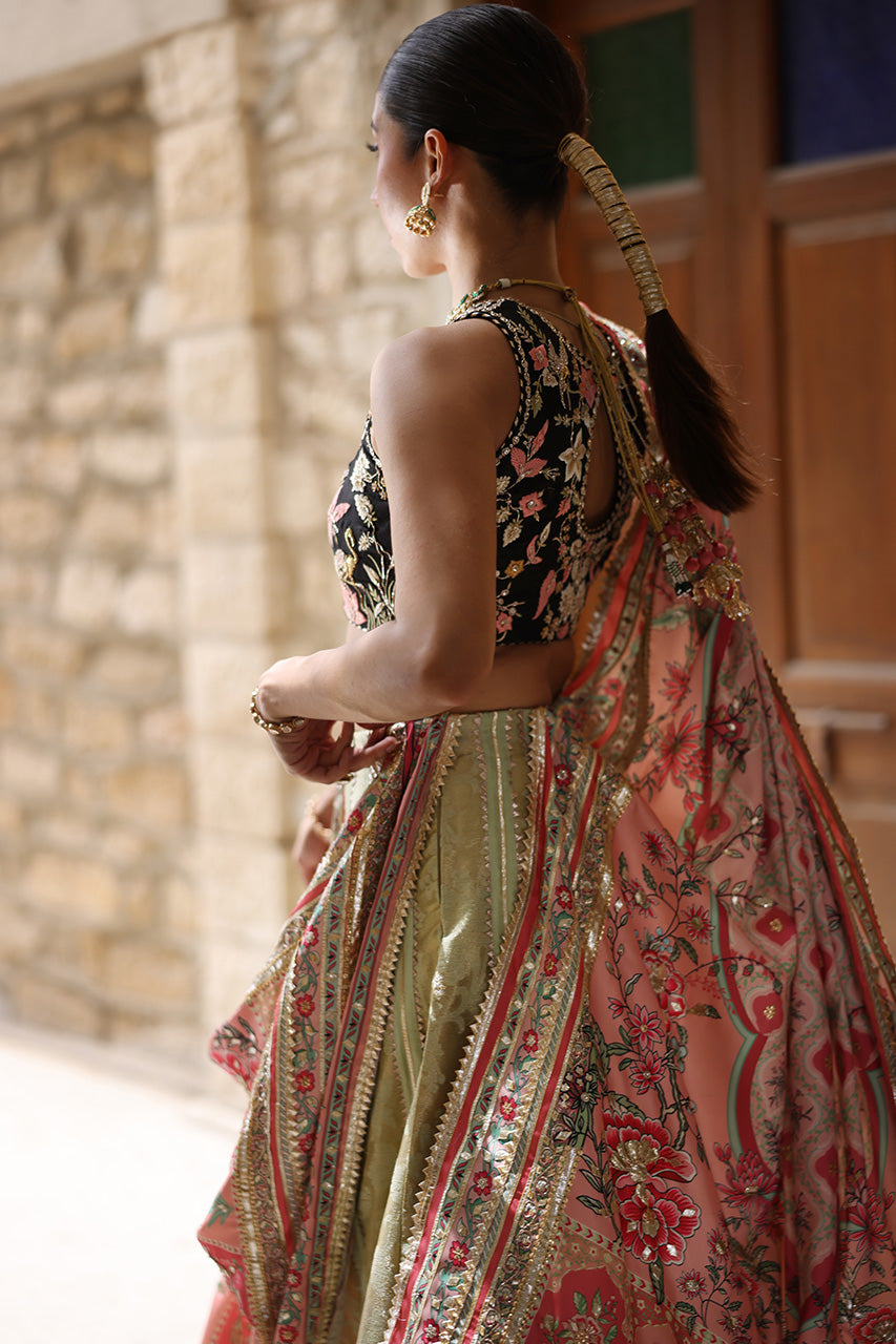 Pakistani Black Embroidered Raw Silk Choli with Mint Jamawar Lehenga (3-Piece) - Image 6