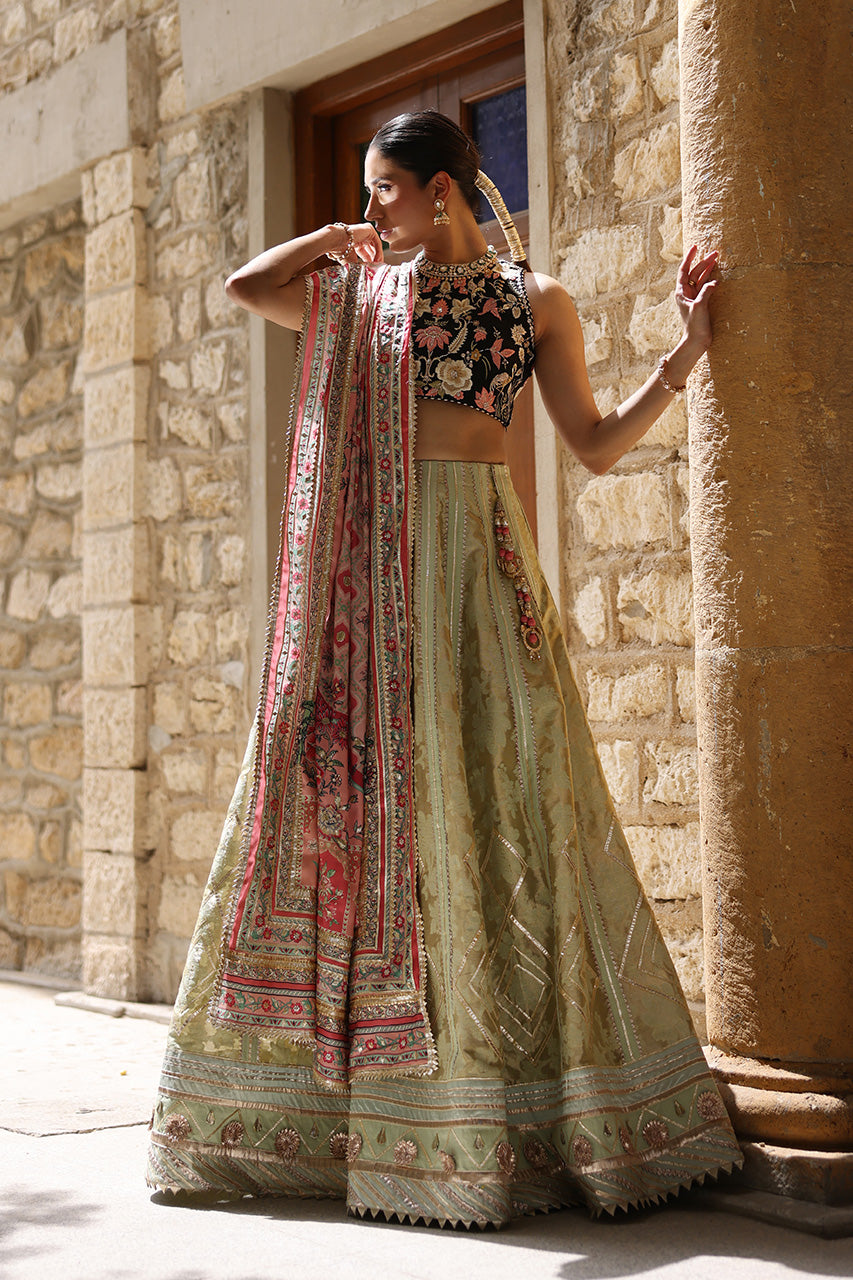 Pakistani Black Embroidered Raw Silk Choli with Mint Jamawar Lehenga (3-Piece) - Image 7