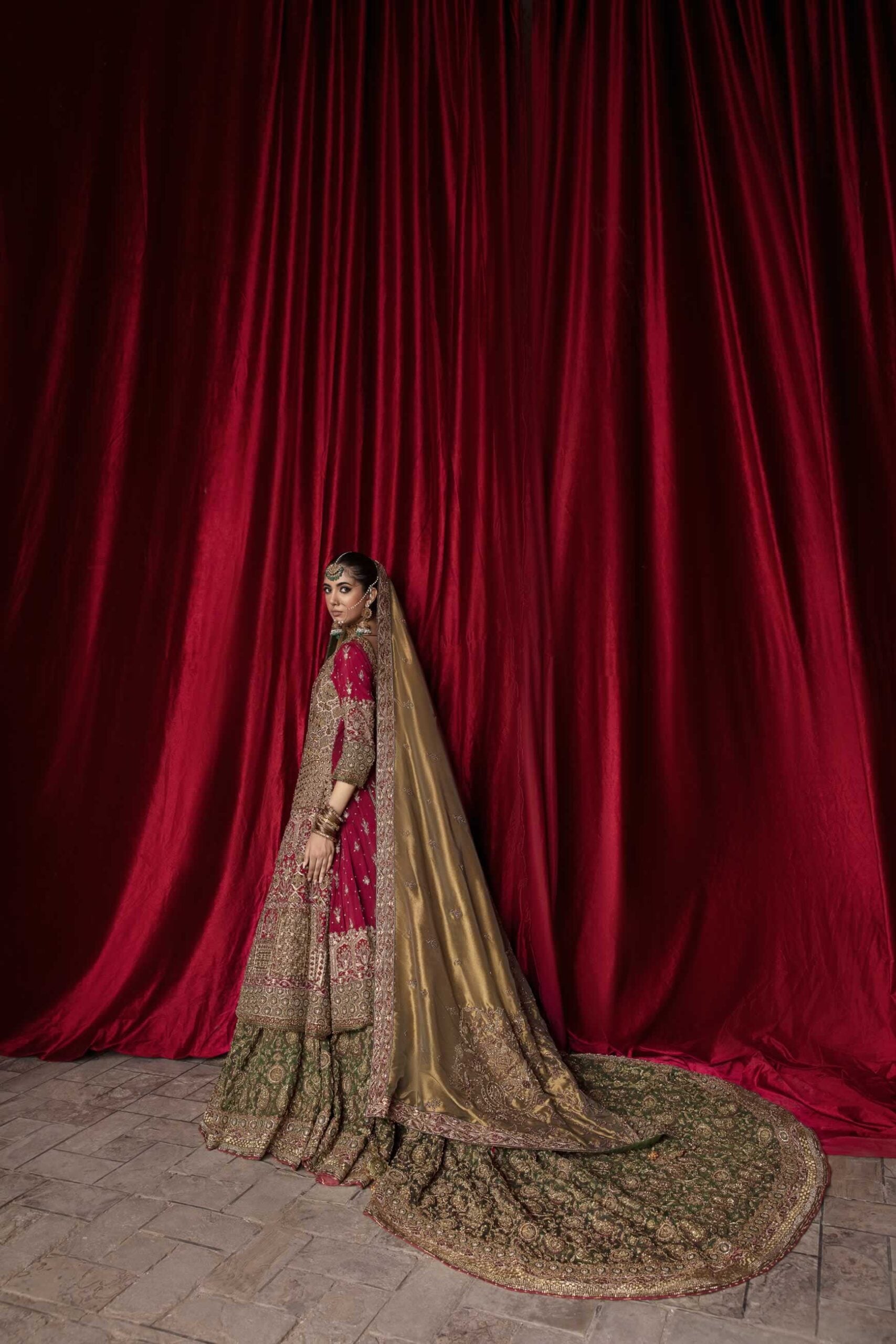 Pakistani Grassy Green & Maroon Embroidered Jamawar Lehenga (3-Piece) - Image 3