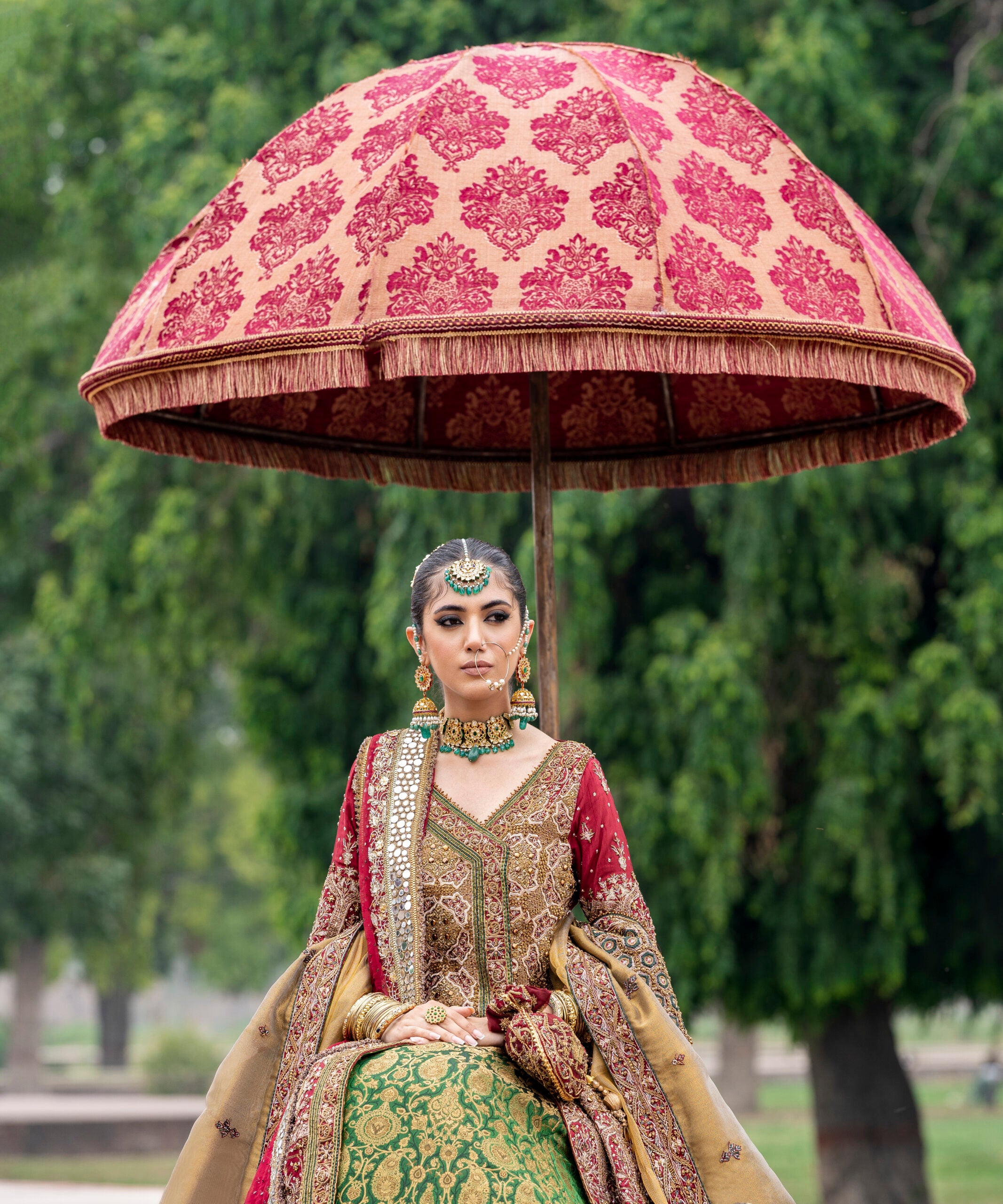 Pakistani Grassy Green & Maroon Embroidered Jamawar Lehenga (3-Piece) - Image 4
