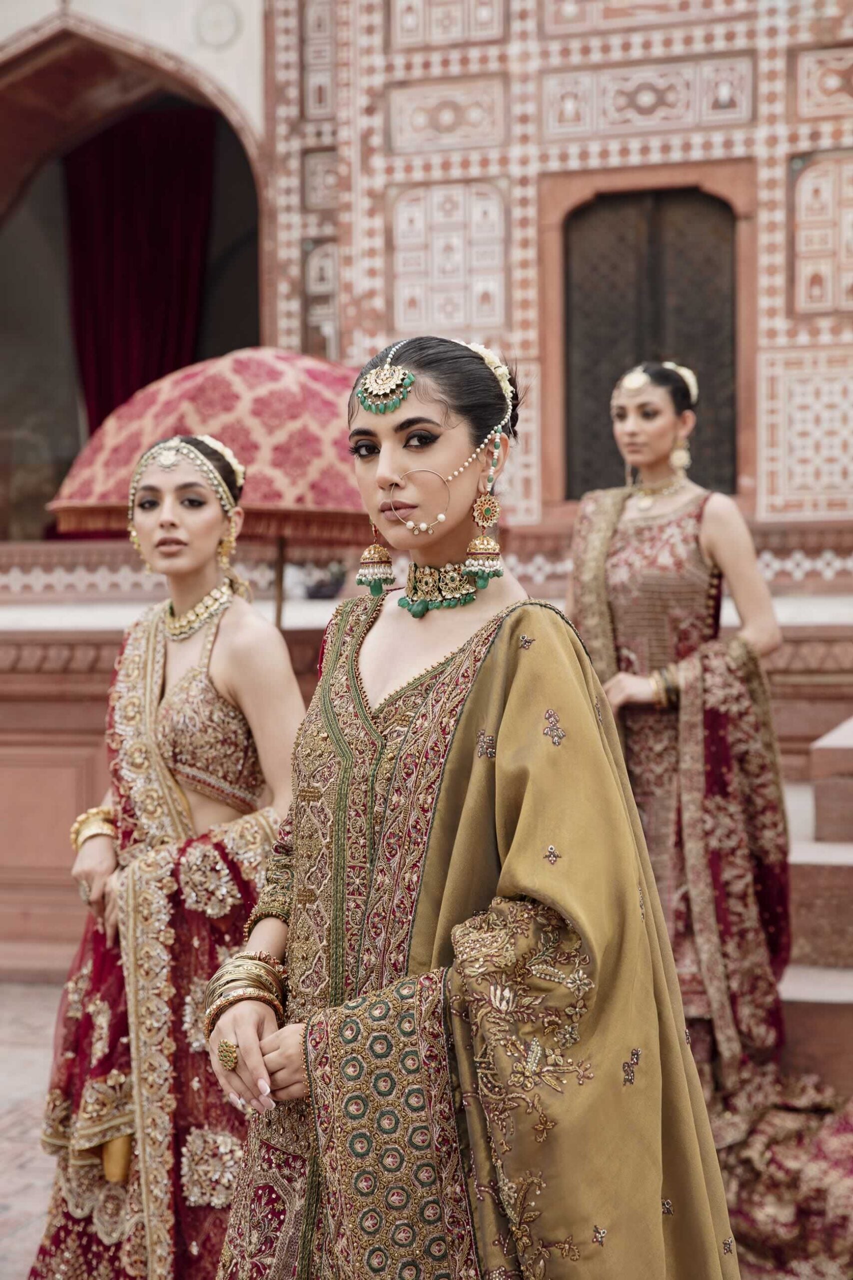 Pakistani Grassy Green & Maroon Embroidered Jamawar Lehenga (3-Piece) - Image 8