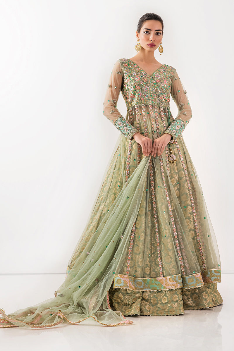 Mint Green Embroidered Net Kalidar Lehenga (3-Piece) - Image 1