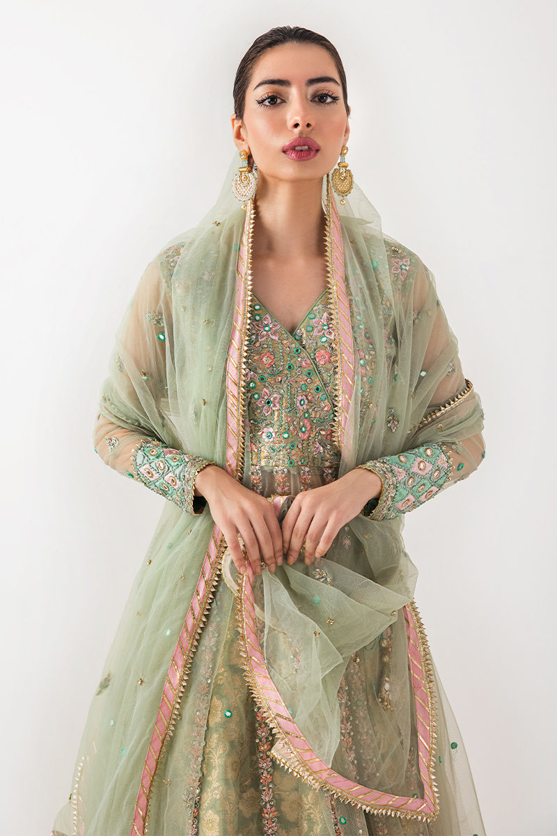 Mint Green Embroidered Net Kalidar Lehenga (3-Piece) - Image 10