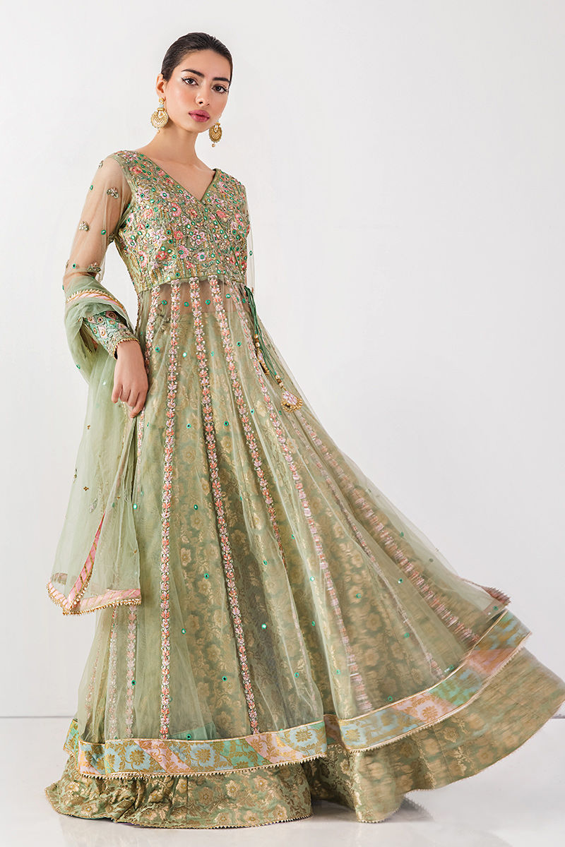 Mint Green Embroidered Net Kalidar Lehenga (3-Piece) - Image 11