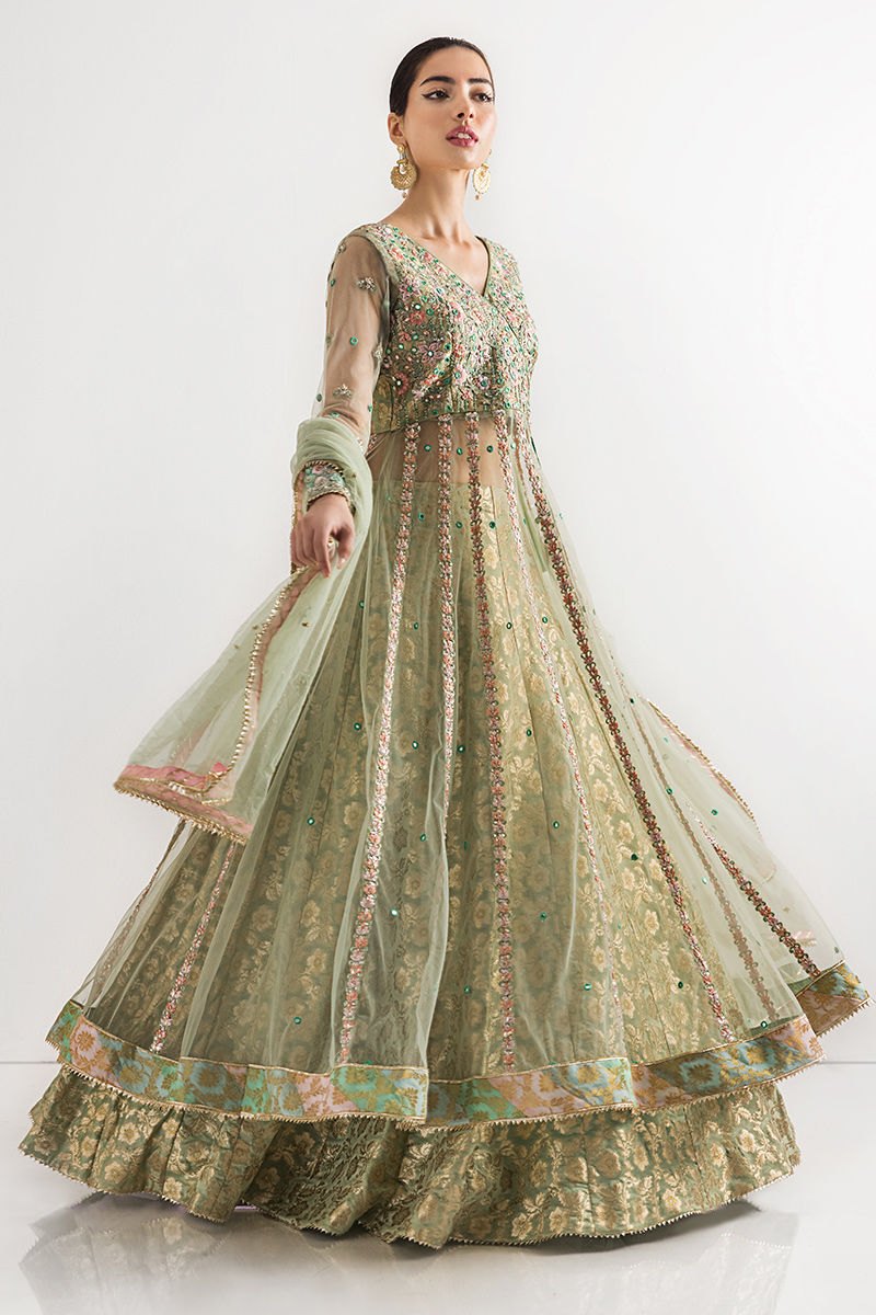 Mint Green Embroidered Net Kalidar Lehenga (3-Piece) - Image 2