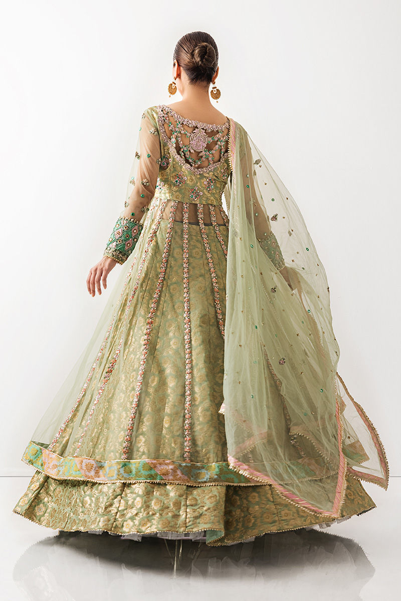 Mint Green Embroidered Net Kalidar Lehenga (3-Piece) - Image 3