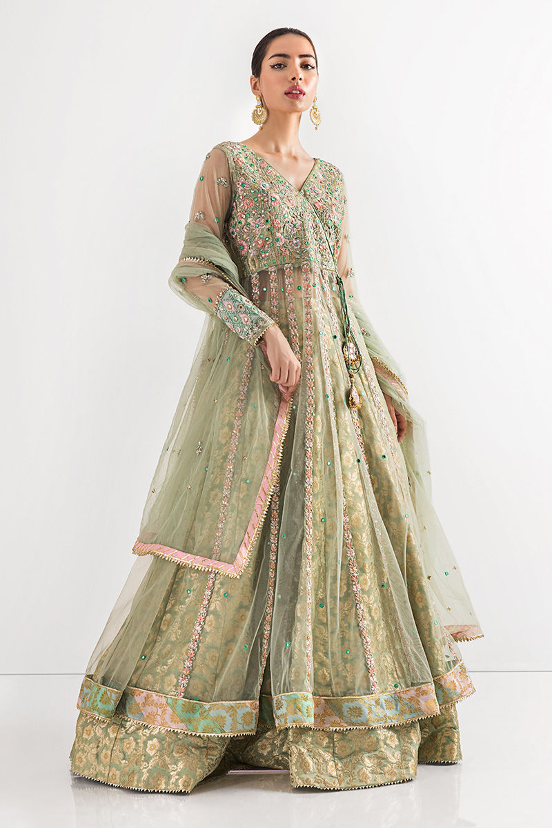 Mint Green Embroidered Net Kalidar Lehenga (3-Piece) - Image 4
