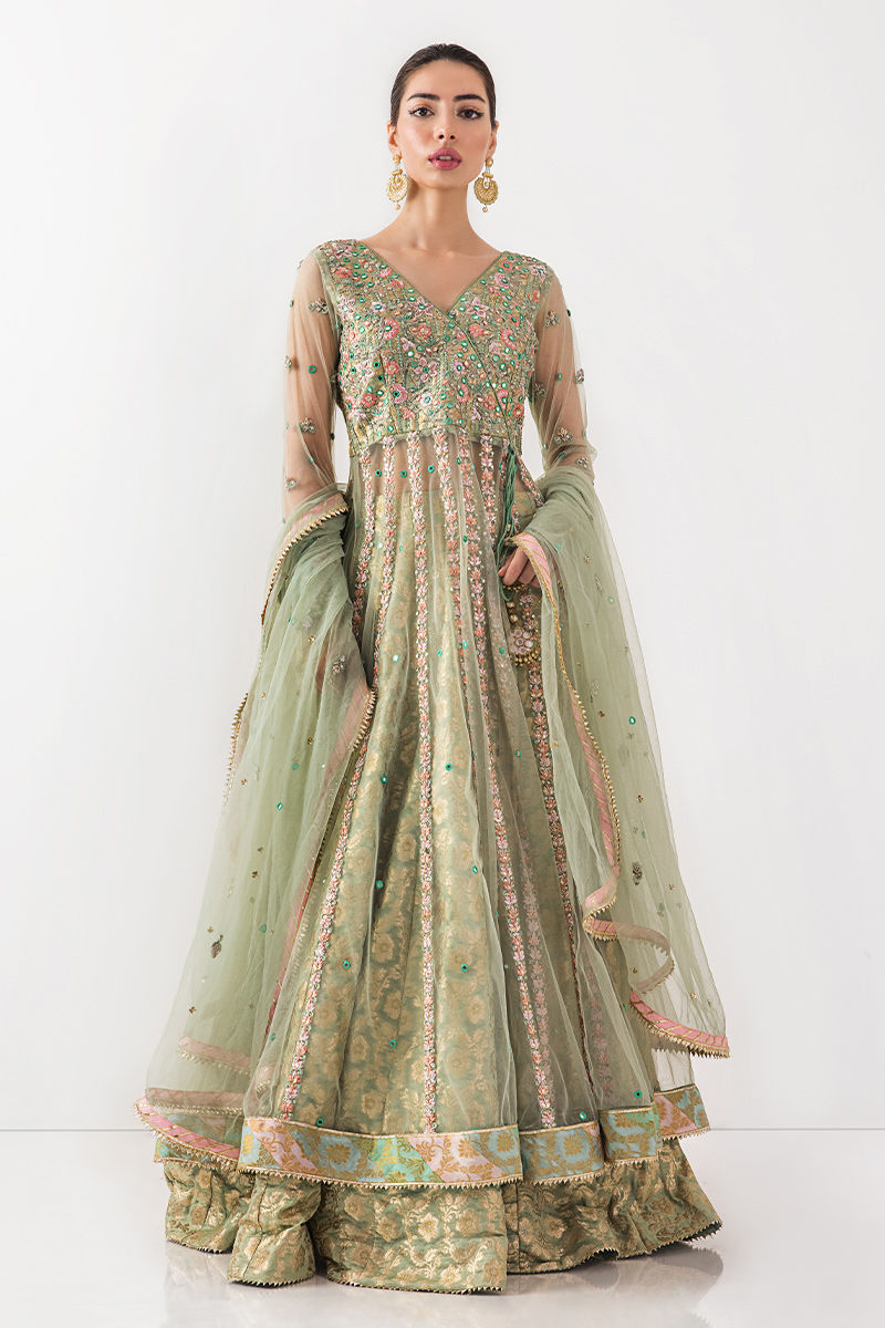 Mint Green Embroidered Net Kalidar Lehenga (3-Piece) - Image 6