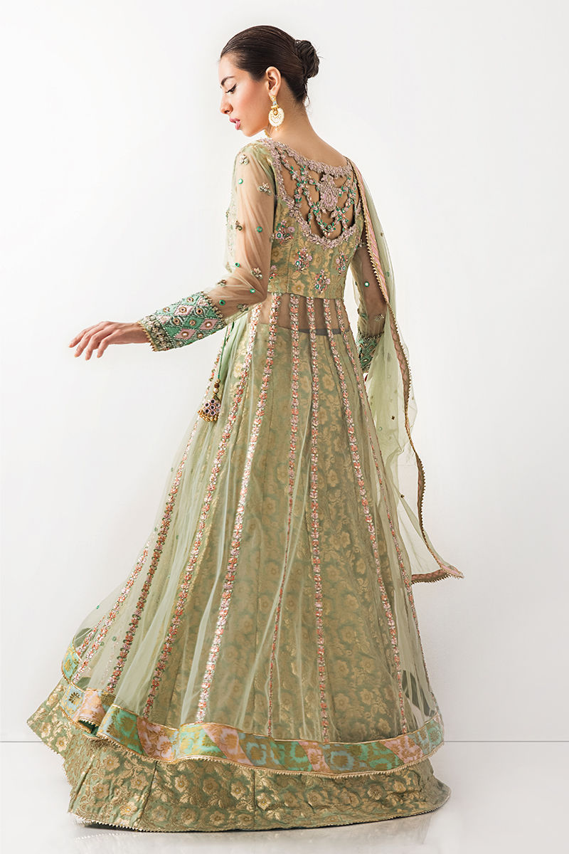 Mint Green Embroidered Net Kalidar Lehenga (3-Piece) - Image 7