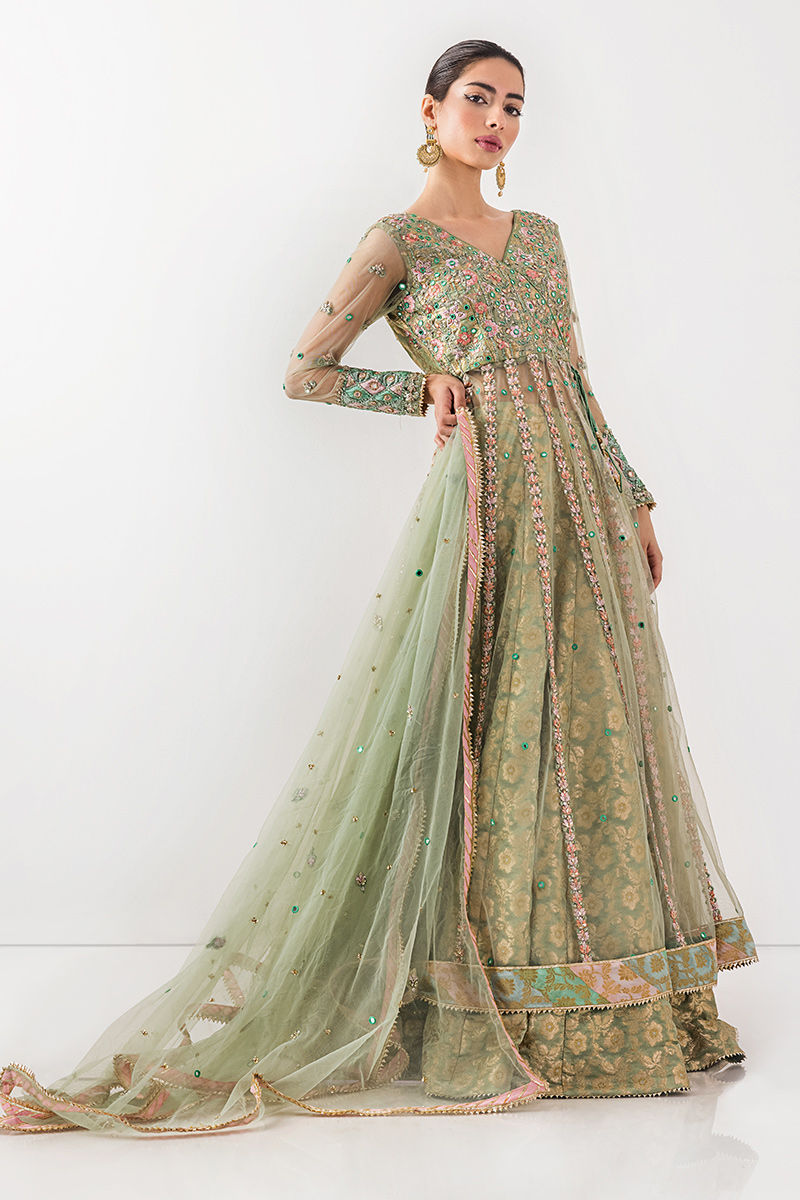 Mint Green Embroidered Net Kalidar Lehenga (3-Piece) - Image 8