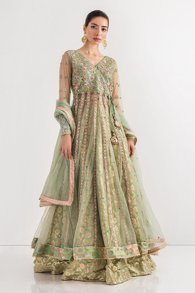 Mint Green Embroidered Net Kalidar Lehenga (3-Piece) - Image 9