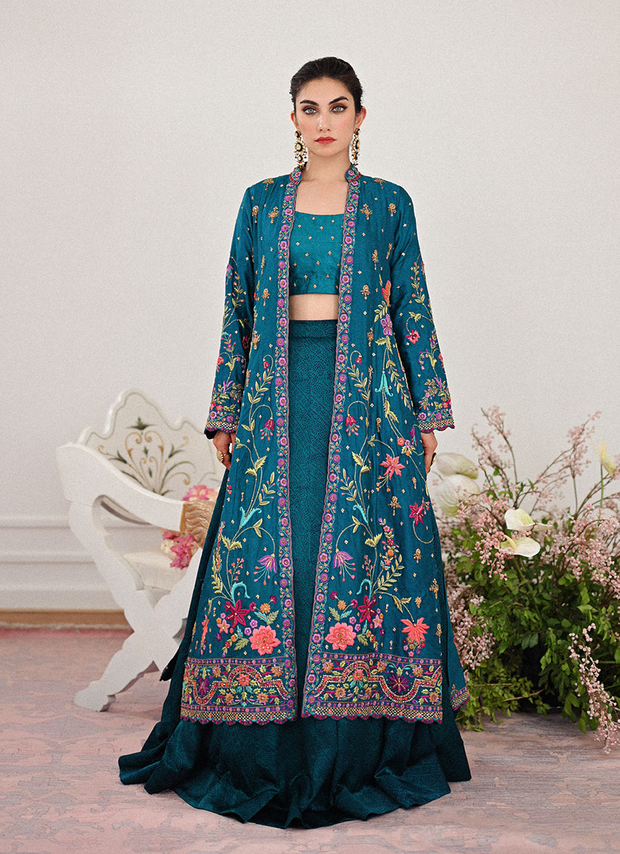 Pakistani Teal Embroidered Jamawar Jacket with Silk Lehenga (3-Piece) - Image 1