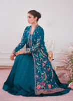 Pakistani Teal Embroidered Jamawar Jacket with Silk Lehenga (3-Piece) - Image 10