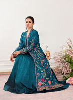 Pakistani Teal Embroidered Jamawar Jacket with Silk Lehenga (3-Piece) - Image 11