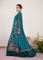 Pakistani Teal Embroidered Jamawar Jacket with Silk Lehenga (3-Piece) - Image 12