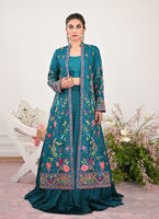 Pakistani Teal Embroidered Jamawar Jacket with Silk Lehenga (3-Piece) - Image 3