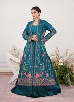 Pakistani Teal Embroidered Jamawar Jacket with Silk Lehenga (3-Piece) - Image 4