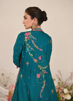 Pakistani Teal Embroidered Jamawar Jacket with Silk Lehenga (3-Piece) - Image 5