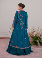 Pakistani Teal Embroidered Jamawar Jacket with Silk Lehenga (3-Piece) - Image 6