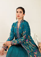Pakistani Teal Embroidered Jamawar Jacket with Silk Lehenga (3-Piece) - Image 7