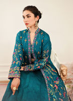 Pakistani Teal Embroidered Jamawar Jacket with Silk Lehenga (3-Piece) - Image 8