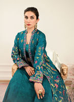 Pakistani Teal Embroidered Jamawar Jacket with Silk Lehenga (3-Piece) - Image 9