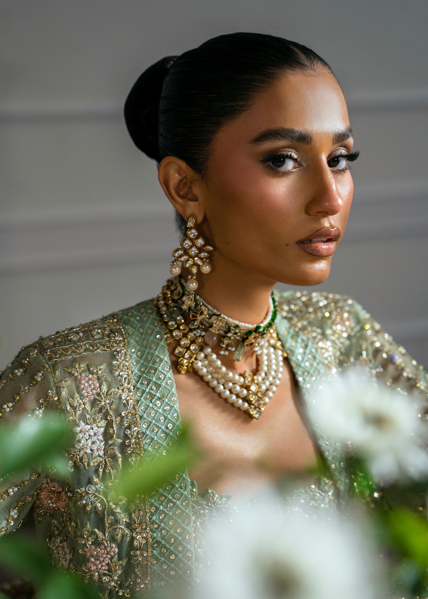 Mint Green Embroidered Net Jacket with Jamawar Lehenga (4-Piece) - Image 10