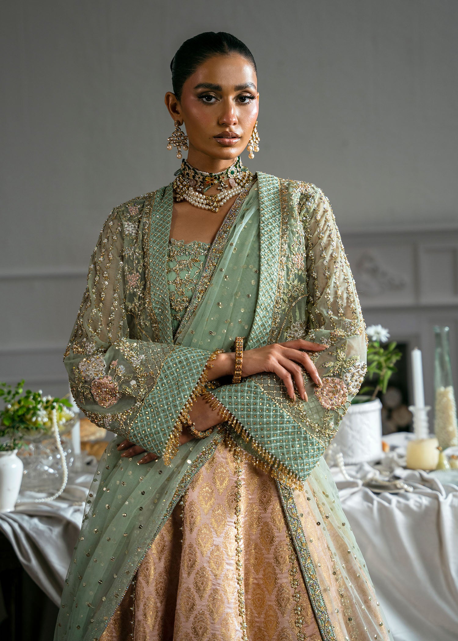 Mint Green Embroidered Net Jacket with Jamawar Lehenga (4-Piece) - Image 3