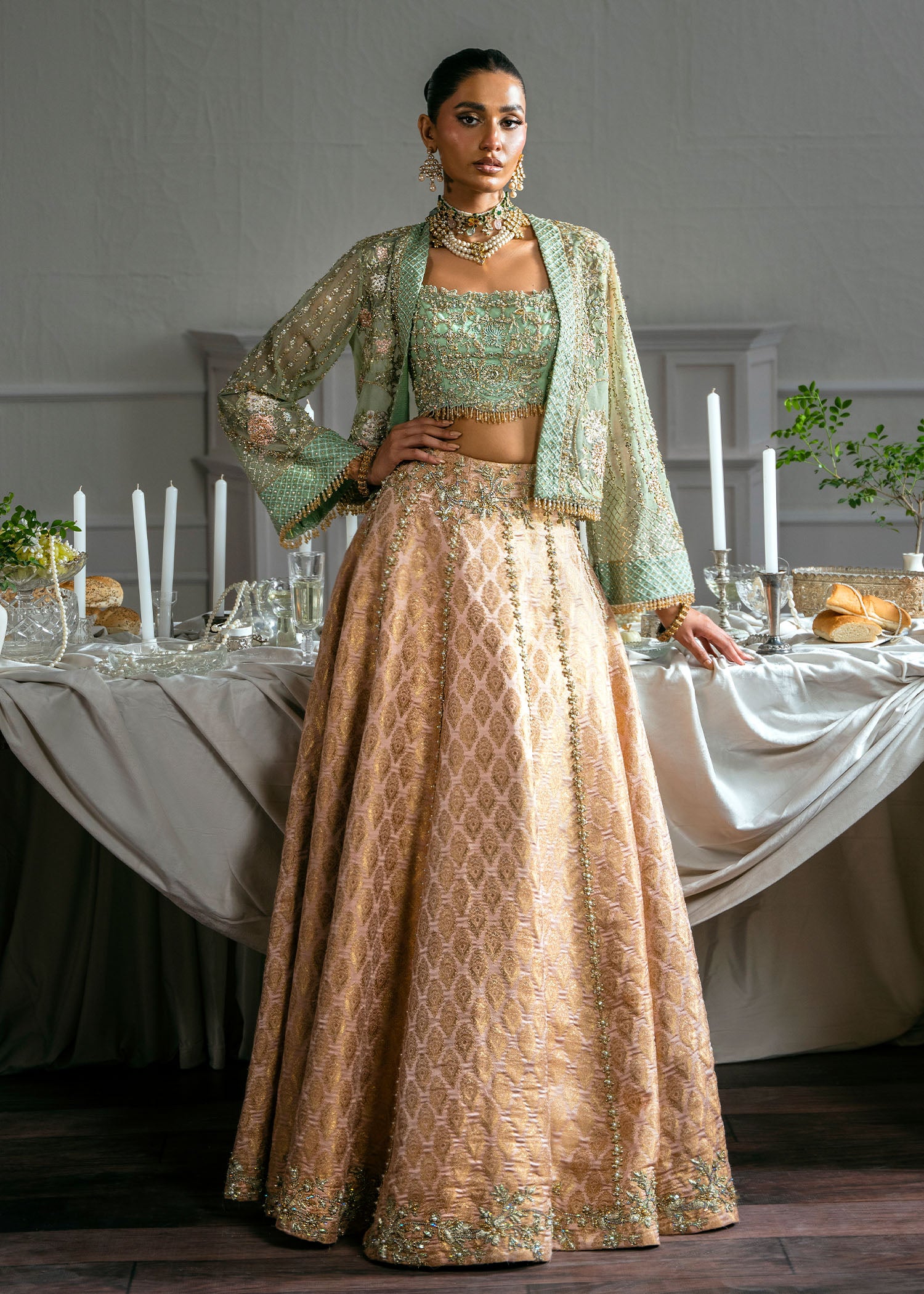 Mint Green Embroidered Net Jacket with Jamawar Lehenga (4-Piece) - Image 5