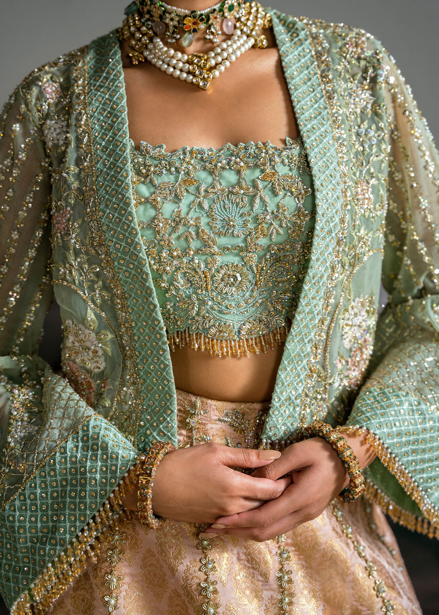 Mint Green Embroidered Net Jacket with Jamawar Lehenga (4-Piece) - Image 7