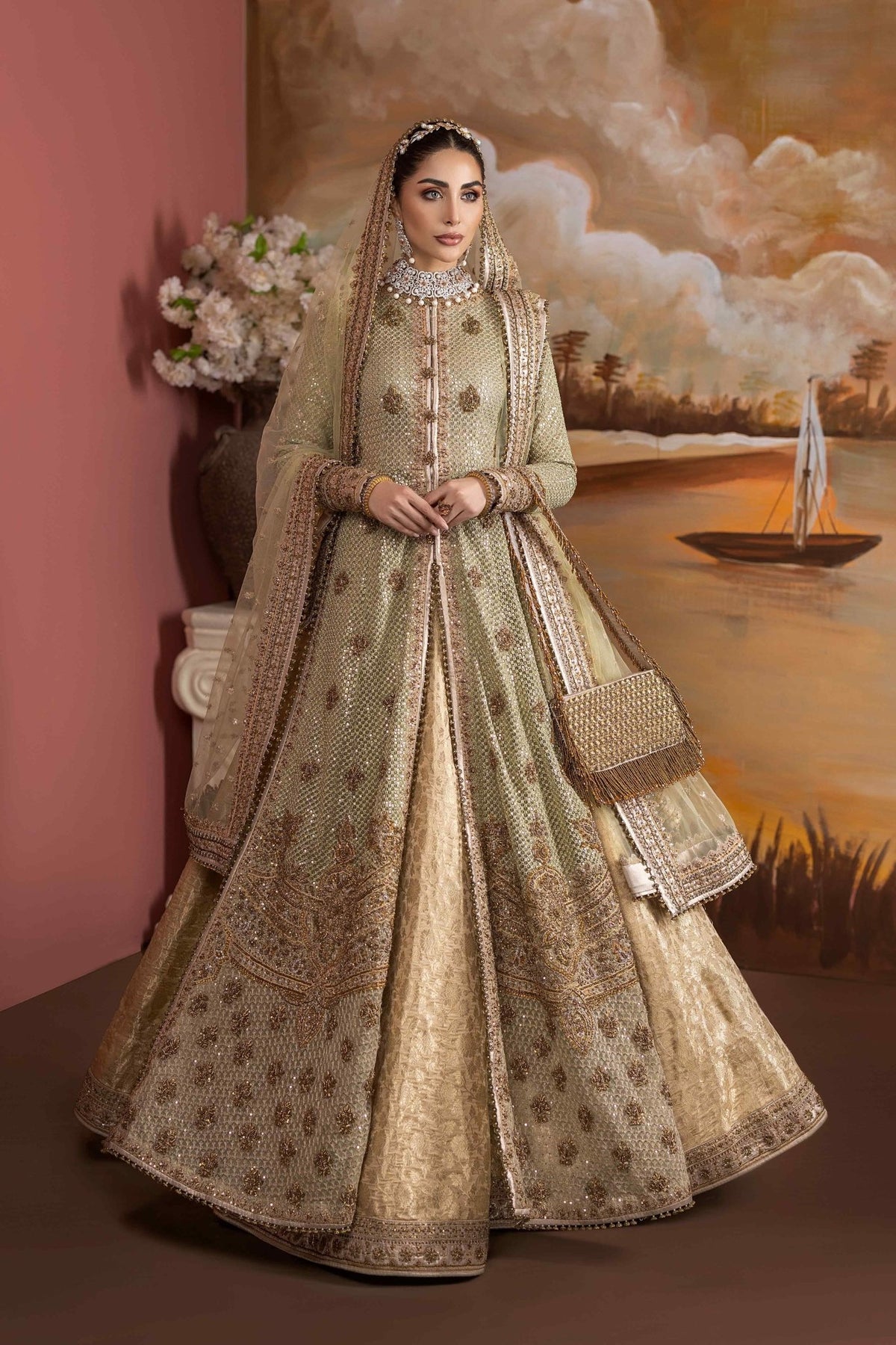 Pakistani Mint Green Zardozi Net Jacket Lehenga (3-Piece) - Image 1