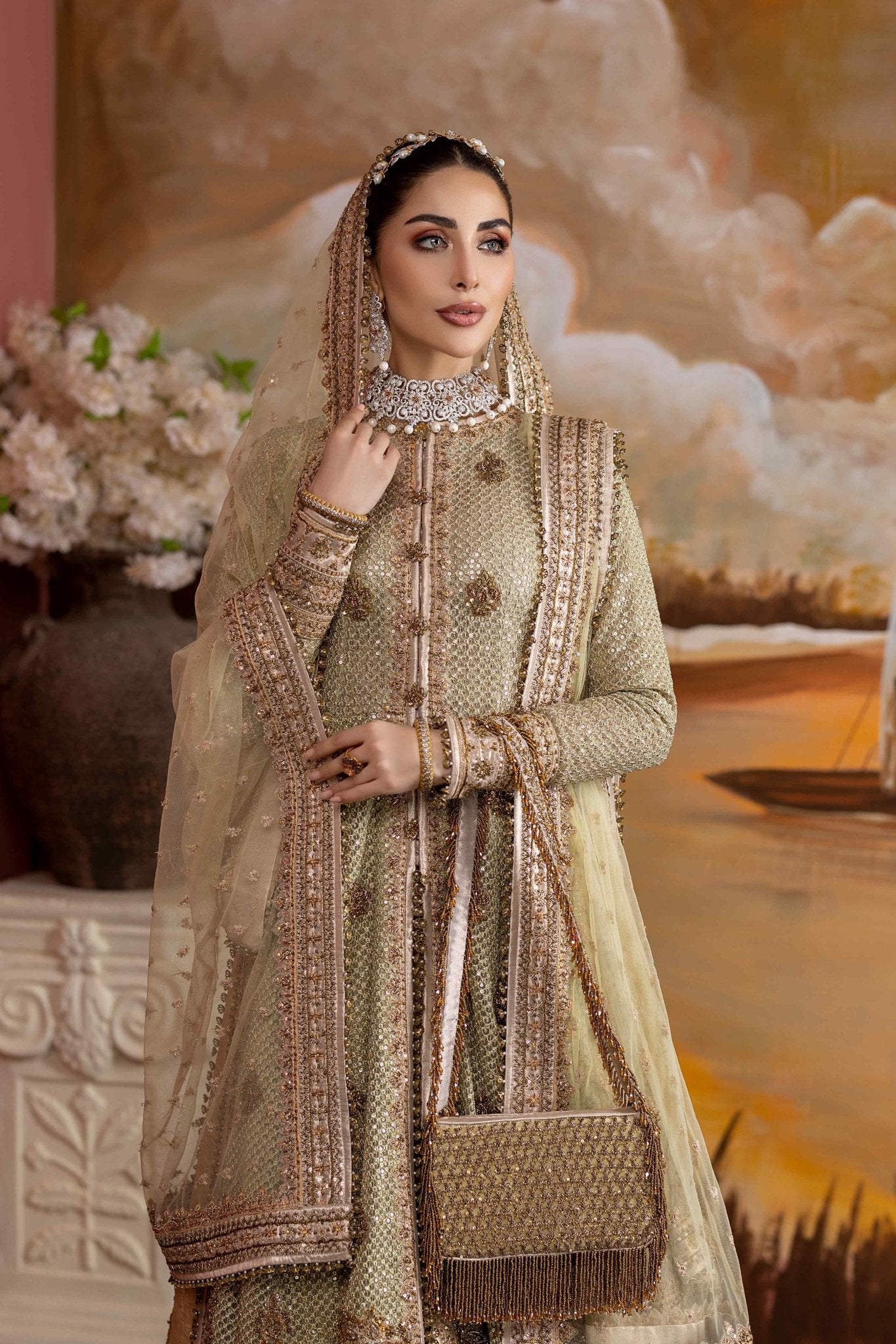 Pakistani Mint Green Zardozi Net Jacket Lehenga (3-Piece) - Image 3