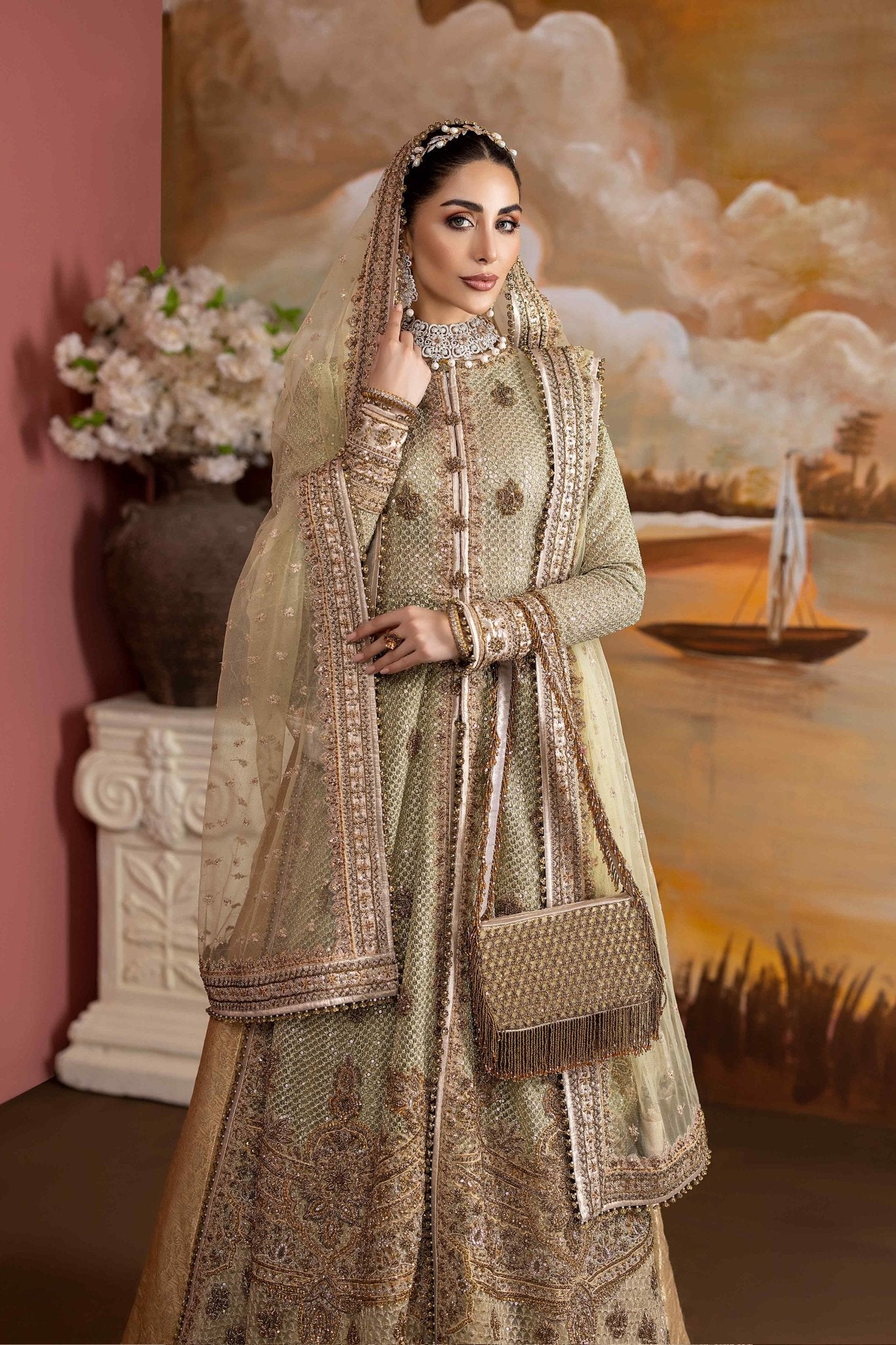 Pakistani Mint Green Zardozi Net Jacket Lehenga (3-Piece) - Image 4