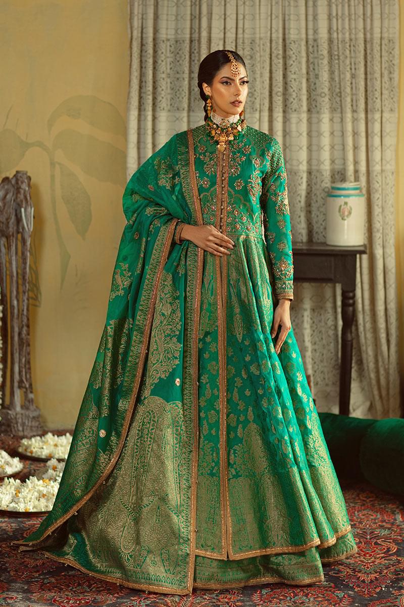 Emerald Green Zardozi Jamawar Lehenga (3-Piece) - Image 1
